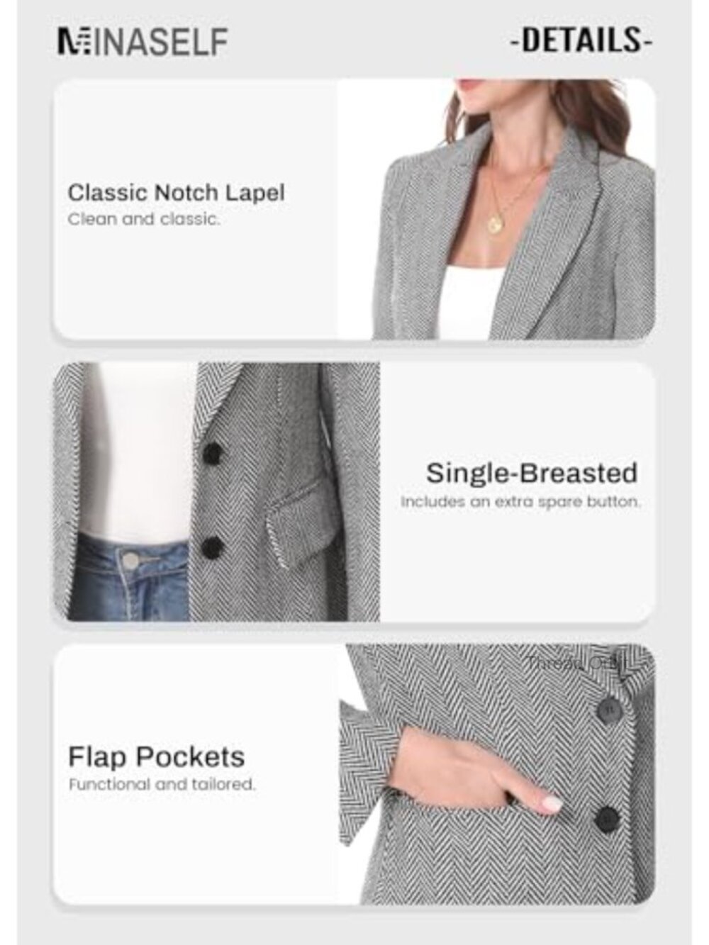 Womens Herringbone Tweed Blazer Business Casual Two-Button Suit Jacket - Picture 5 of 6